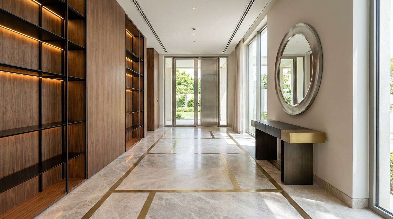 Brass Details in Dubai Interiors: Warm Metal Inlays for Stone, Joinery, and Floors visual reference 1 showing luxury Dubai hallway with satin brass floor inlays set into honed marble