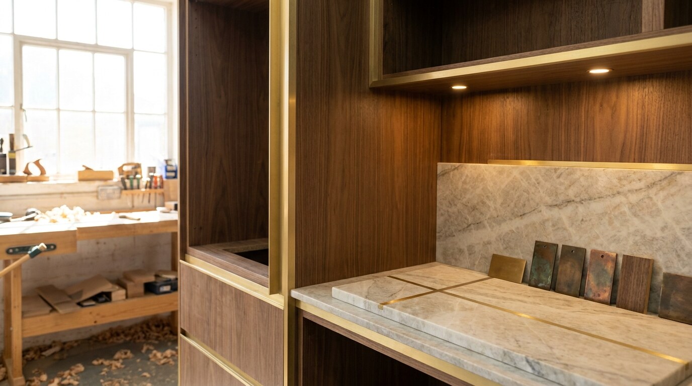 Brass Details in Dubai Interiors: Warm Metal Inlays for Stone, Joinery, and Floors visual reference 2 showing joinery workshop detail with brass trim, walnut veneer, stone edge, and patina samples
