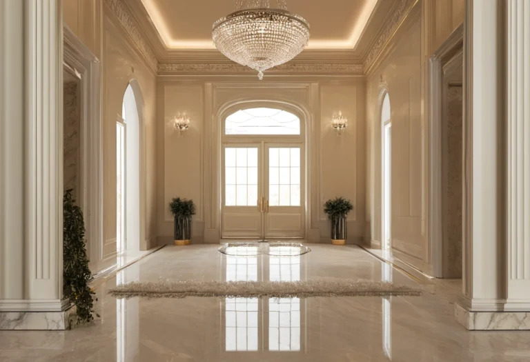 Modern Gulf villa double-height entrance hall with classical proportions and aligned doorways forming a long sightline