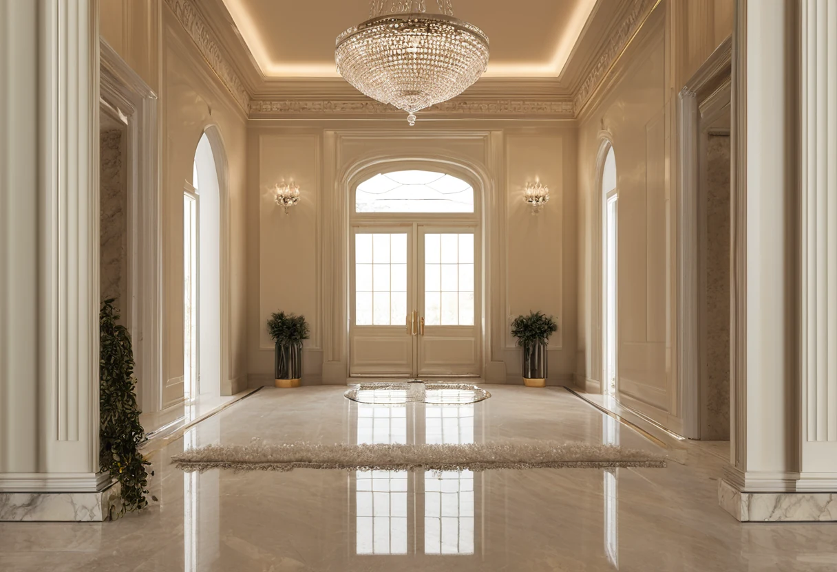 Modern Gulf villa double-height entrance hall with classical proportions and aligned doorways forming a long sightline