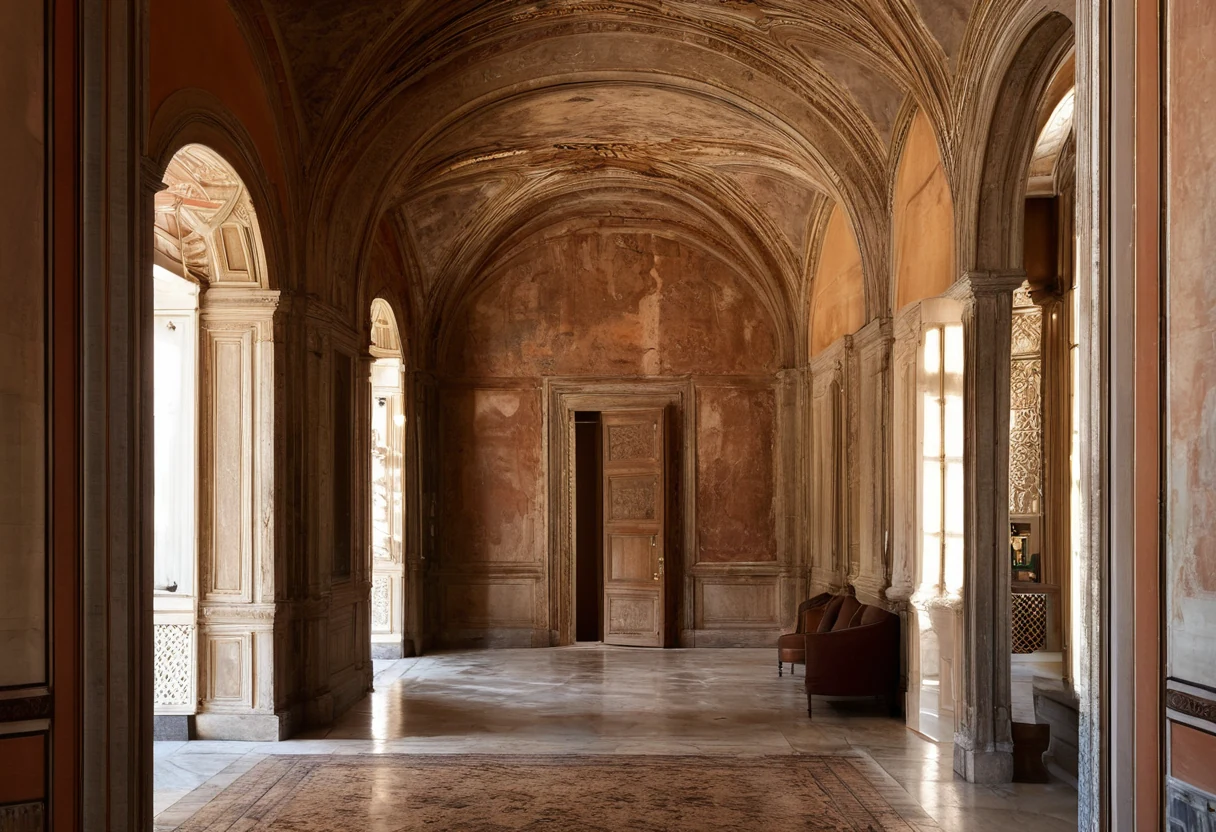 Renaissance palazzo enfilade with carved stone door frames aligned on one axis and frescoed ceilings