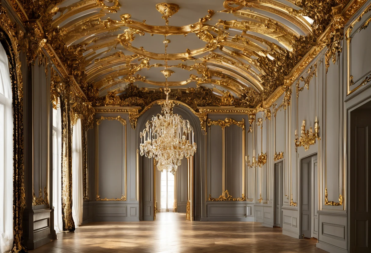 Baroque gallery with arched mirrors multiplying chandelier light along a gilded hall