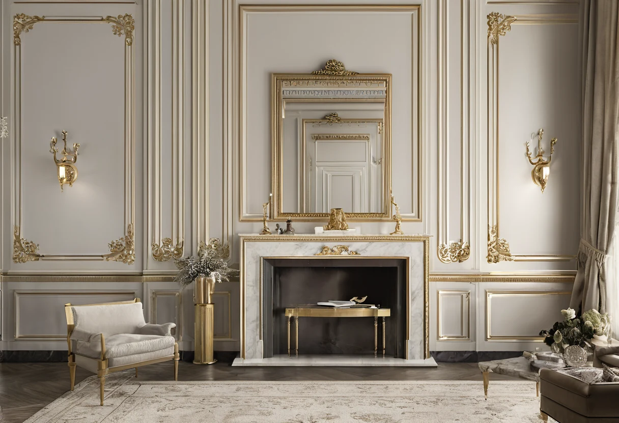 Neoclassical salon with pale paneled walls, restrained gilded friezes and furniture of strict geometry