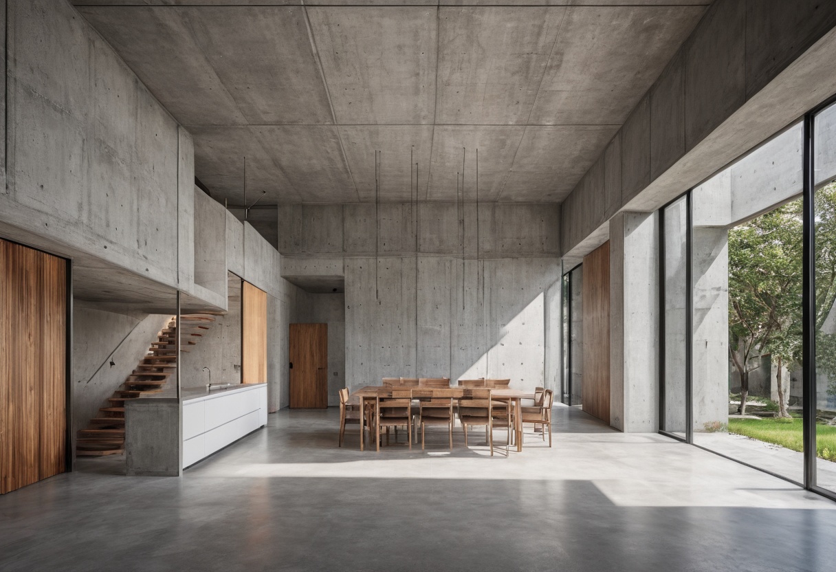 Minimalist double-height architectural interior in concrete and wood